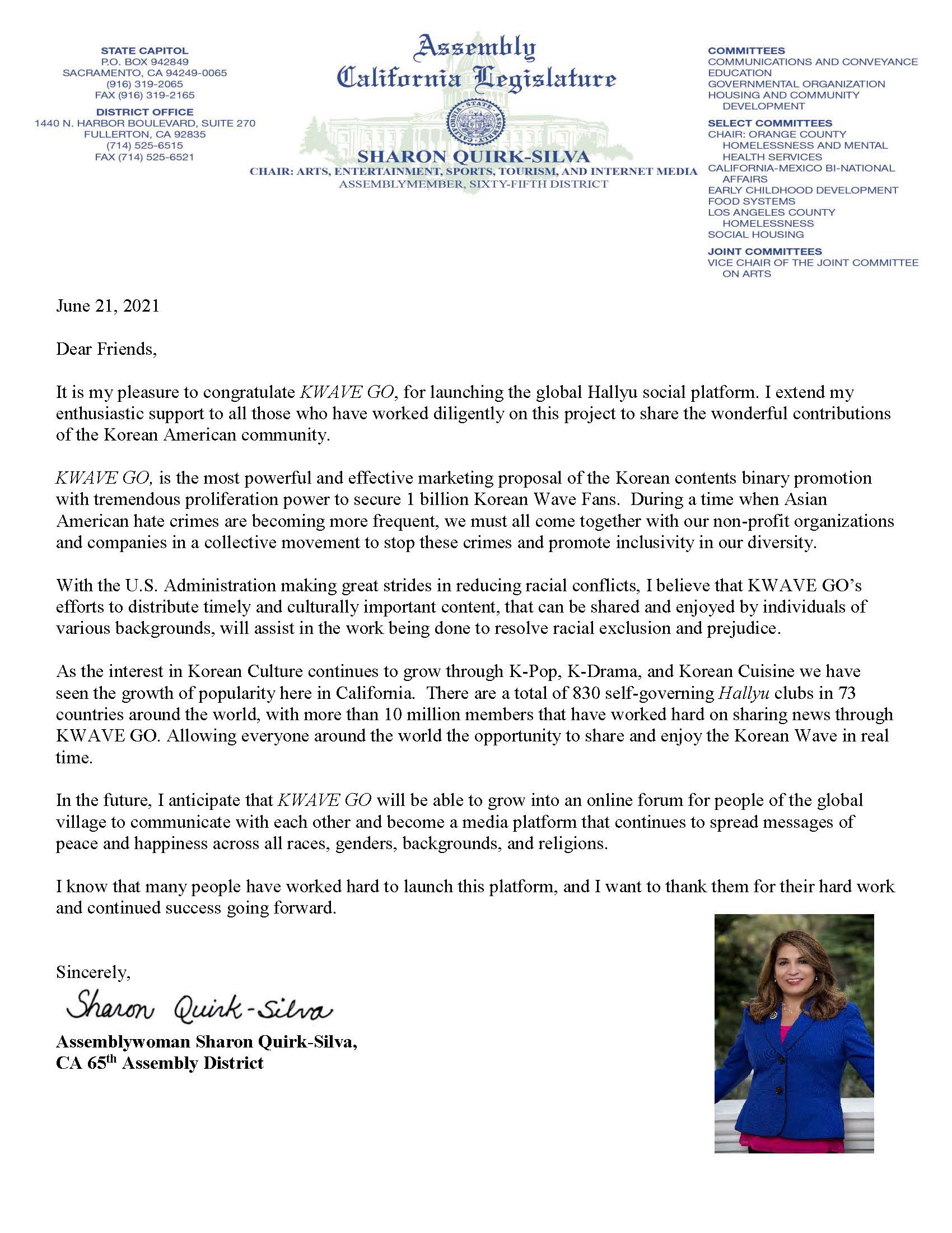 Assemblywoman Quirk-Silva Congratulatory Letter to KWAVE GO
